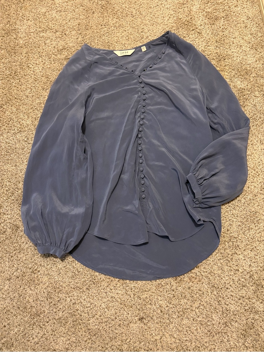 Joie Dusty Blue Silk Button-Front Puff Sleeve Blouse